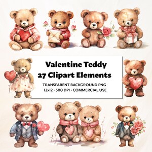 Valentine Teddy, Clipart, 27 PNG , Watercolor Valentine&#39;s Day Scrapbook, Love Clipart, Cute Vday Clipart, Commercial Use, Digital Download