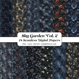 Sky Garden Digital Papiere, 18 nahtlose Muster, himmlische Motive, druckbare magische Blumen, verträumter digitaler Hintergrund, Nacht Junk Journal