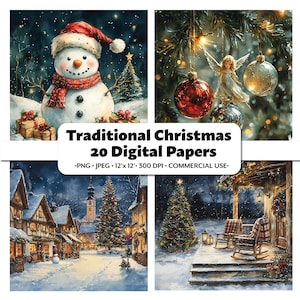 Traditional Christmas Digital Papers,Watercolor Style Classic Elegant Xmas,20 PNG + JPG, Holiday Crafting, Scrapbooking, Junk Journal, Print