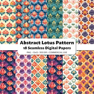 Abstrakte Lotus digitale Papiere, 18 nahtlose PNG Muster, kräftige Pastell Aquarell Blumen, künstlerische Motive für Scrapbooking, Stoff, & Handwerk