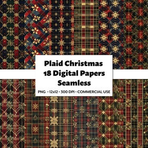 Festive Christmas Plaid Digital Paper, 18 PNG Seamless Patterns, Elegant Watercolor Festive Invitations,  Christmas Scrapbook, Junk Journal