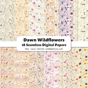 Dawn Wildblumen Digitale Papiere, 18 nahtlose Muster, niedliche Blumen Aquarell Drucke, verträumte Blumenmuster, Wiese in Pastelltönen zum Basteln