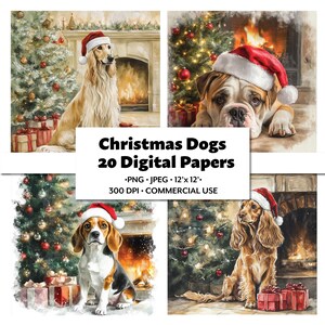Kersthonden aquarel clipart, kerstboom, open haard en schattige hoektanden-20 png en jpeg voor knutselen, scrapbooking, junk journal
