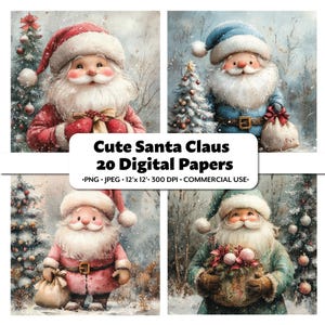 Cute Santa Claus Digital Papers, Watercolor Style Whimsical Christmas, 20 PNG + JPG Clipart Images for Crafting, Scrapbooking, Junk Journal