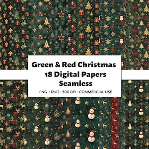 Green and Red Christmas Digital Paper, 18 PNG Seamless Patterns, Elegant Watercolor Festive Invitations, Christmas Scrapbook, Junk Journal