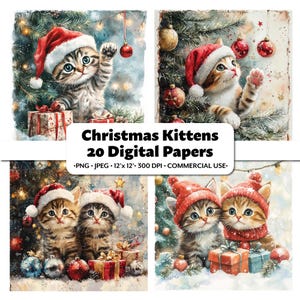 Weihnachtskätzchen, 20 Aquarell PNG und JPEG, Digitalpapier, druckbare Schnee-Winter-Clipart, niedliches Weihnachtsjunk-Journal, Feiertagsszene-Sammelalbum