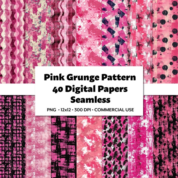 Pink Grunge Digital Papers 40 Gothic PNG Seamless Patterns Paint Splash Scrapbook Kit Distressed Digital Background Wall Art Rugged Texture