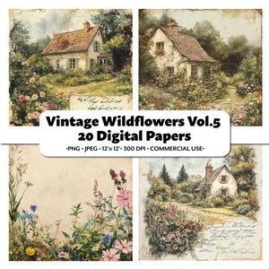 Papier numérique vintage fleurs sauvages Vol.5, 20 PNG + JPG, Images de style aquarelle, artisanat, scrapbooking floral, arrière-plans de journal indésirable antique