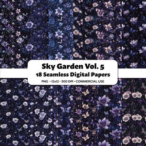 Sky Garden Digital Papers Vol.5, 18 naadloze patronen, hemelse motieven, etherische bloemenprint, door sterren verlichte digitale achtergrond, mystieke ambachten