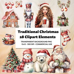 Traditional Christmas Watercolor Clipart set, 28 High-Quality PNG, Elegant Holiday Designs, Festive Scrapbooking, Christmas Digital Download