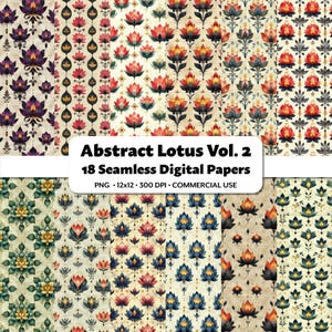 Papeles digitales Abstract Lotus Vol. 2, 18 patrones PNG sin costuras, flores de acuarela pastel, motivos artísticos para scrapbooking, telas y manualidades