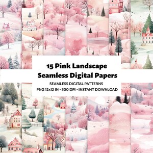 Pacchetto di carta digitale acquerello paesaggio rosa - 15 elementi PNG bellissimi e senza soluzione di continuità per uso commerciale - Paesaggio invernale - Natale rosa