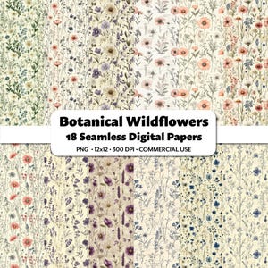 Botanische Wildblumen Digital Papiere, 18 Nahtlose Muster, Vintage Motive, Antiker Hintergrund, Wunderliches Blumen Aquarell Kunsthandwerk, Junk Journal