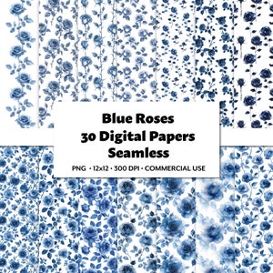 Papel digital rosa azul, 30 PNG, patrones de flores repetidos sin costuras, elegante fondo de pantalla de acuarela, uso comercial, flores de álbum de recortes digital