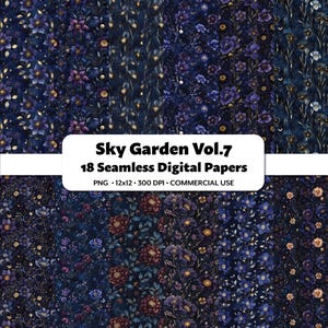 Papeles digitales Sky Garden Vol.7, 18 patrones sin costuras, motivos celestiales, estampado de flores etéreas, fondo digital estrellado, manualidades místicas