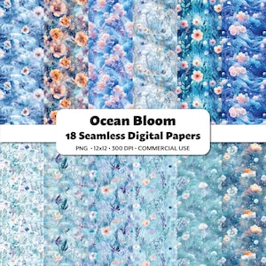 Papeles digitales Ocean Bloom, 18 patrones sin costuras, motivos de flores submarinas, fondos digitales de flores imprimibles para álbumes de recortes, diario oceánico