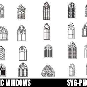 Puede incluir: Un conjunto de 18 ilustraciones de ventanas góticas en blanco y negro. Las ventanas son de varios estilos y tamaños, con arcos apuntados y detalles intrincados. Las ilustraciones son perfectas para usar en proyectos digitales o para imprimir.