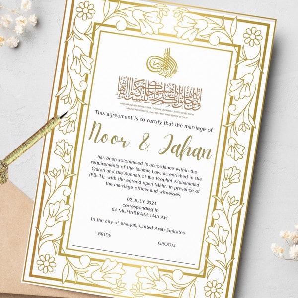 Gold Nikkah Contract Gold Islamic Marriage Contract Nikkah Certificate Digital Marriage Certificate Gold Nikahnama Nikah Nama Muslim Wedding