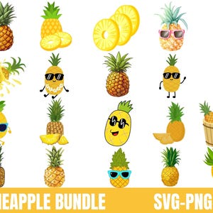 May include: A digital clipart bundle of pineapple illustrations. The bundle includes various pineapple designs, including whole pineapples, pineapple slices, and cartoon pineapples wearing sunglasses. The text "Pineapple Bundle" and "SVG-PNG-JPG" are included in the image.