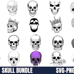 May include: A bundle of 20 black and white skull illustrations in various styles, including a skull with a crown, a skull with a rose, and a skull with a dripping effect. The text "SKULL BUNDLE" is at the bottom of the image, and the text "SVG-PNG-JPG" is at the bottom right of the image.