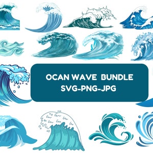 May include: A set of 12 ocean wave illustrations in various styles and colors. The waves are drawn in a cartoon style and are perfect for use in digital or print projects. The text "OCAN WAVE BUNDLE SVG-PNG-JPG" is displayed in a blue banner.