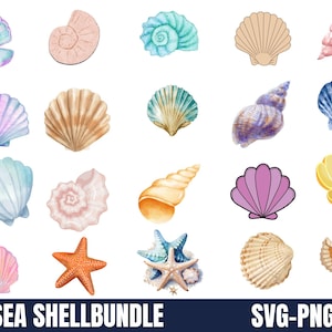 May include: A digital clipart bundle of 18 watercolor illustrations of seashells in various colors and shapes, including starfish, scallop, conch, and oyster shells. The text "SEA SHELLBUNDLE" and "SVG-PNG-JPG" are at the bottom of the image.
