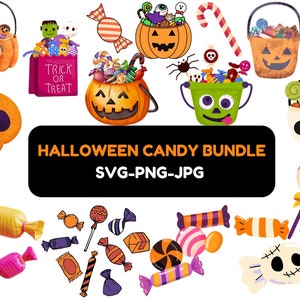 May include: A Halloween candy bundle with a variety of orange, green, and purple candy buckets, lollipops, and candy. The text "HALLOWEEN CANDY BUNDLE SVG-PNG-JPG" is displayed on a black banner.