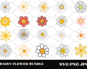 May include: A set of 20 daisy flower illustrations in various colors and styles, including white, yellow, red, pink, and black. The flowers are arranged in a grid pattern on a white background. The text "DAISY FLOWER BUNDLE" and "SVG-PNG-JPG" are at the bottom of the image.
