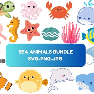 Schattige zeedieren SVG, oceaan zeedieren png-clipart, zeester, walvis, octopus, haai, vis, mossel, schildpad, zeewier, zeealgen, zeepaardje