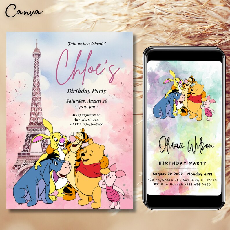 Editable Winnie the Pooh Invitation Paris Themed Winnie the Pooh