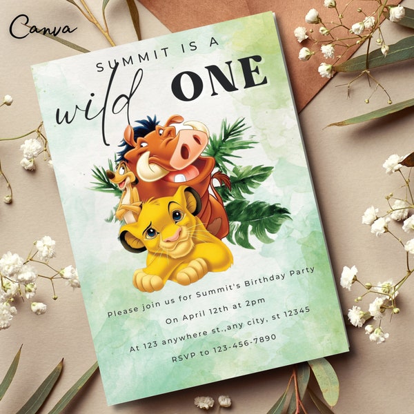 Editable lion king Birthday Invitation Template, Printable Birthday Party Invitation, Digital Kids Party Invite Template, watercolour 0250