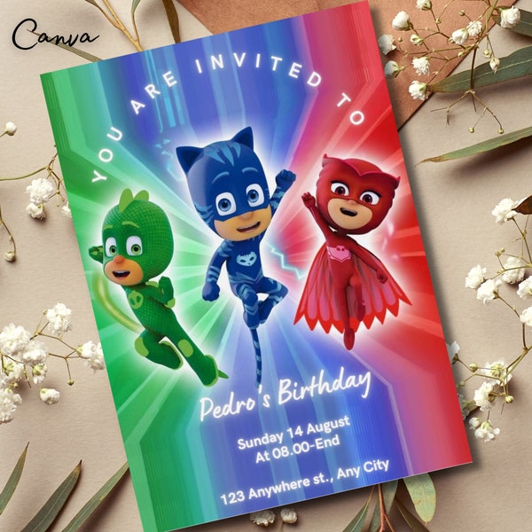 Editable PJ Masks Birthday Party Invitation, Editable PJ masks invitation Instant Digital Download Template, PJ masks video invitation, 0290