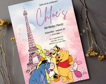 Editable Winnie the Pooh Invitation, Paris themed Winnie The Pooh Invitation, Digital Invitation, Editable Template, video template 0234