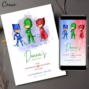 Editable PJ Masks Birthday Party Invitation, Editable PJ masks invitation Instant Digital Download Template, PJ masks video invitation, 0291