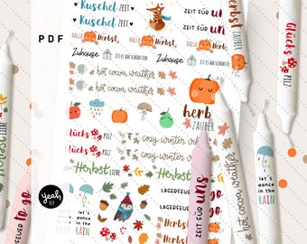 Tatuaje de vela con magia otoñal: frase tipográfica y bonita ilustración. Plantilla de calcomanía de papel al agua con pegatinas de velas acogedoras en PDF.