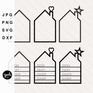 May include: A black and white graphic featuring house outlines with different roof designs, including a heart and star. The image includes the text "JPG, PNG, SVG, DXF" and the words "DEIN TEXT ODER NAME".