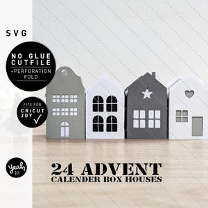 Adventskalender Häuser 24 Zahlen - zauberhaftes 3D Papier Haus zum Befüllen, Geschenkverpackung: Vorlage SVG Plotter Silhouette Cricut Joy