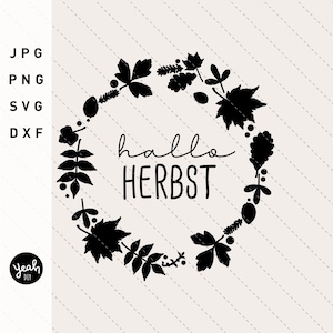 Könnte beinhalten: Schwarze und weiße Silhouette eines Kranzes aus Blättern und Beeren mit dem Text "hallo HERBST" in der Mitte.