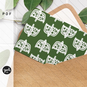 Modello di stampa per biglietto pieghevole + ciondolo Uccello scandinavo della pace - verde - illustrazione PDF da stampare Avvento di Natale nordico