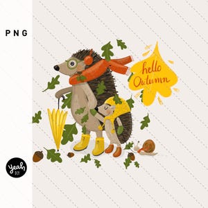 Egelmoeder met kind en herfstbladeren - schattige illustratie muurkunst kunstprint poster ansichtkaart kinderkamer herfst printbestand download PNG