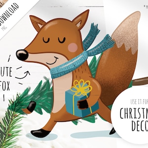 Joli renard avec sapin de Noël : modèle d'impression (PNG) pour les projets de bricolage de Noël