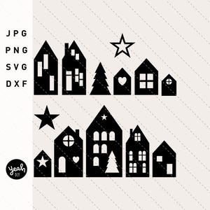 10 case magiche: FILE DIGITALE Stampante Lasercut Plotter Villaggio di Natale Scandinavo Nordic Cottage Fila di case Silhouette Cricut