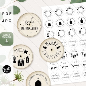 Può includere: Una collezione di disegni circolari a tema natalizio in bianco e nero. I disegni includono testi come "Merry Christmas", "Let it snow" e "Frohe Weihnachten", insieme a illustrazioni di case, stelle e alberi di Natale.