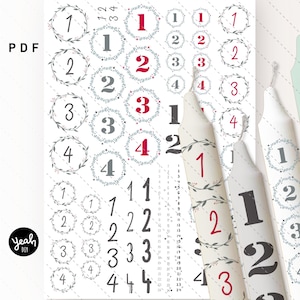 Può includere: Set di 4 adesivi per candele del calendario dell'avvento stampabili con i numeri da 1 a 4 in grigio e rosso. Gli adesivi sono progettati con una ghirlanda di foglie e sono perfetti per decorare le candele.