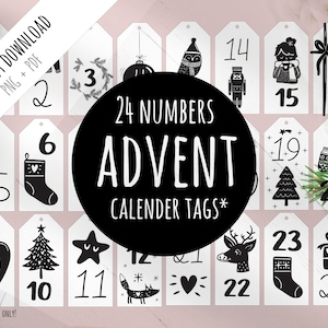 24 pendentifs calendrier de l'Avent imprimables "Noir + blanc" pour Noël, étiquettes, imprimer & découper, (PNG + PDF) illustration noir et blanc Din A4