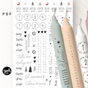 Kerzentattoo "Advent" PDF mit Adventszahlen Tanne Stern Herz Rentier Geschenk Weihnachten Kerzen Decal Papier Wasserschiebe Folie Vorlage