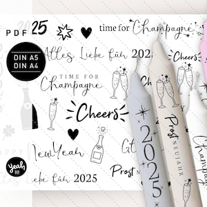 Kaars tattoo "Cheers New Year 2025" Oudejaarsavond PDF Gelukkig Nieuwjaar Champagne Shamrock Lucky - Kaars Decal Papier Waterglijbaan Folie Sjabloon
