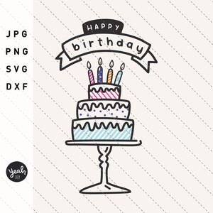 May include: A three-tiered birthday cake illustration with candles and a banner that reads "Happy Birthday." The cake has pink, blue, and white frosting and sits on a decorative stand. The image is a digital design.