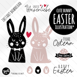 Può includere: Illustrazione di coniglietto carino per Pasqua. L'illustrazione presenta due coniglietti, uno nero e uno rosa, con cuori e il testo "Grosse Hasenliebe" e "Cute Bunny Easter Illustration".