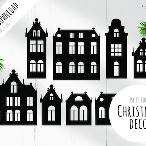 Puede incluir: Conjunto de ocho ilustraciones de casas en silueta negra, perfectas para la decoración navideña. Las casas son de varios estilos, algunas con techos puntiagudos y otras con techos planos. Todas las casas tienen ventanas y puertas.